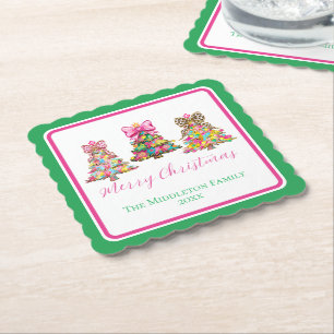 Preppy Pink and Green Christmas Trees Paper Coaster
