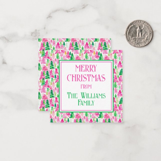 Preppy Pink and Green Christmas Trees Personalised Card (Front/Back In Situ)