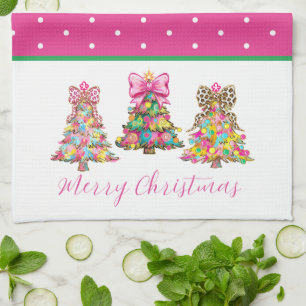 Preppy Pink and Green Christmas Trees Tea Towel