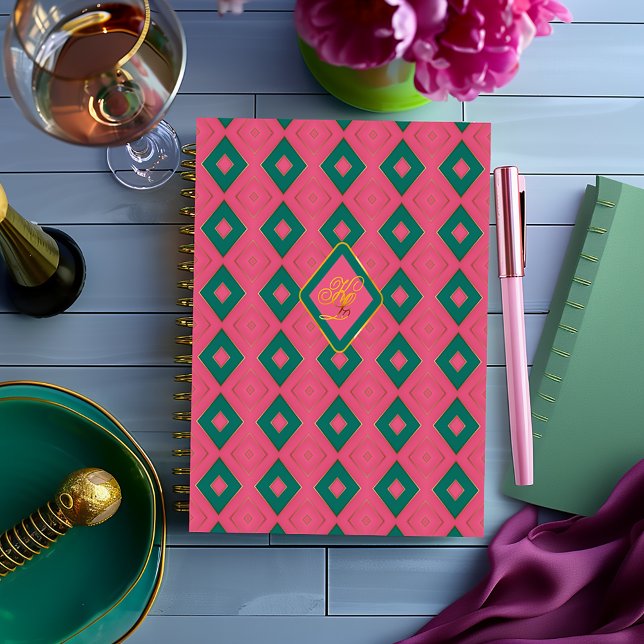Preppy  Pink and Green Diamond Motif Monogrammed  Planner (Preppy Trendy Pink and Green Diamond Motif Monogrammed Planner/ Soft Glossy Cover or Matte HardCover)