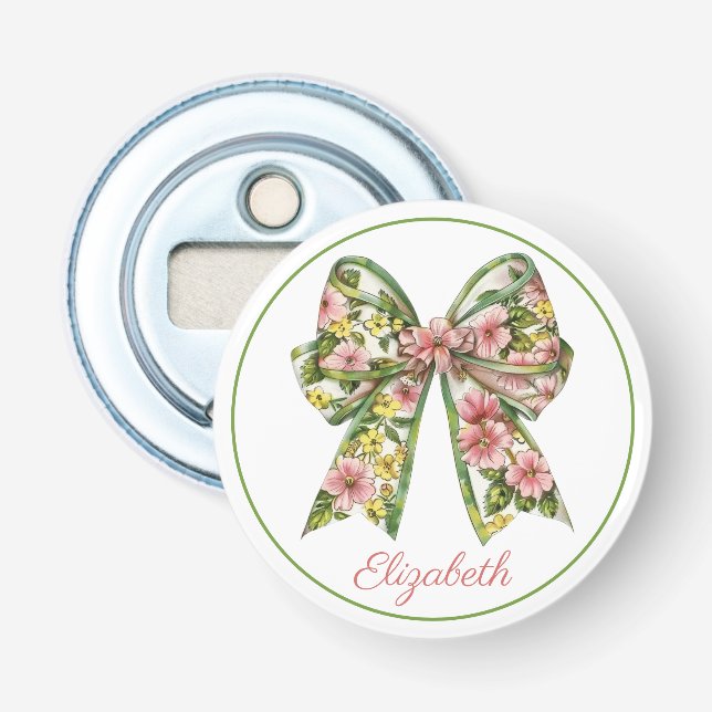 Preppy Pink and Green Floral Bow Personalised Bottle Opener (Front)