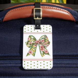Preppy Pink and Green Floral Bow Personalized Luggage Tag
