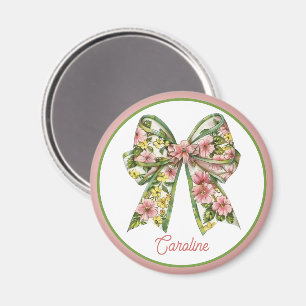 Preppy Pink and Green Floral Bow Personalized Magnet