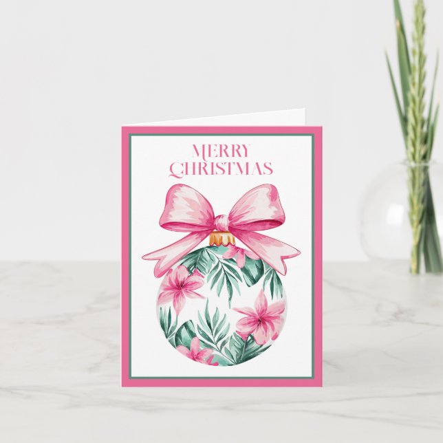 Preppy Pink and Green Floral Christmas Ornament Holiday Card (Front)