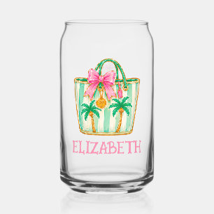 Preppy Pink and Green Palm Beach Tote Bag Can Glass