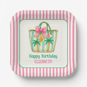 Preppy Pink and Green Palm Beach Tote Bag Paper Plate