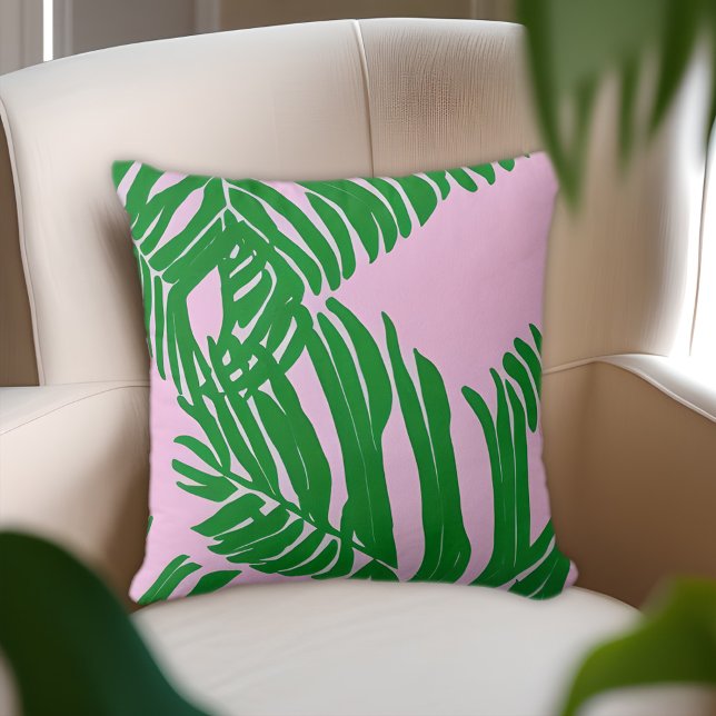 Preppy Pink And Green Palm Leaves Beach House Cushion (Creator Uploaded)