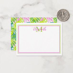 Preppy Pink and Green Palm Leaves Monogram Card