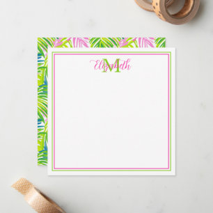 Preppy Pink and Green Palm Leaves Monogram Card