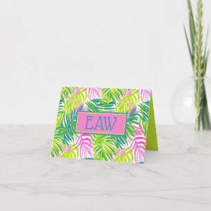 Preppy Pink and Green Palm Leaves Monogram Note Card