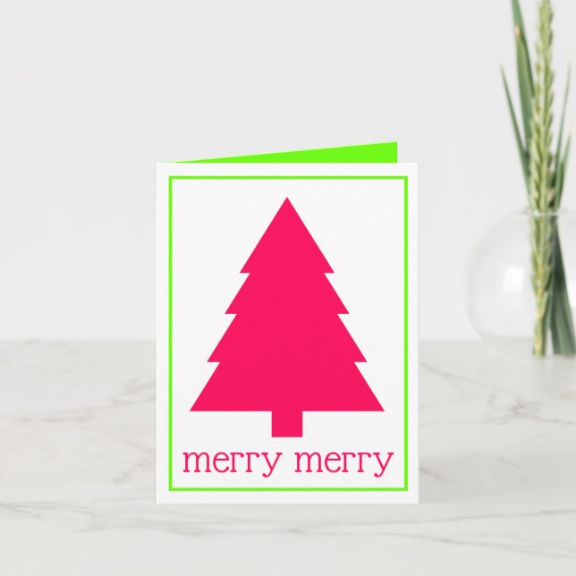 Preppy Pink and Green Personalised Christmas Tree Note Card (Front)
