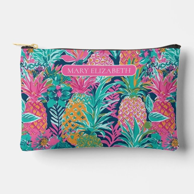 Preppy Pink and Green Pineapples Personalised Accessory Pouch (Front)