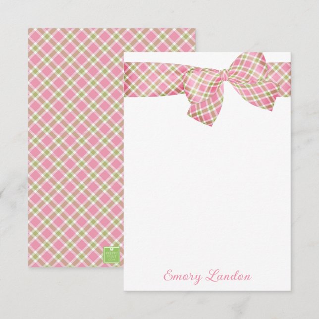 Preppy Pink and Green Plaid Bow Personalized Card (Front/Back)
