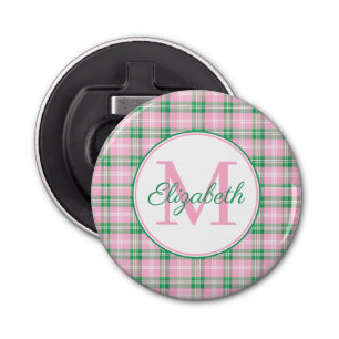 Preppy Pink and Green Plaid Monogram Bottle Opener