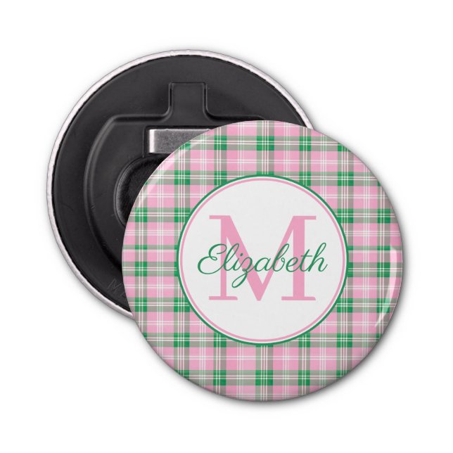 Preppy Pink and Green Plaid Monogram Bottle Opener (Front)