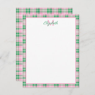 Preppy Pink and Green Plaid Monogram Card