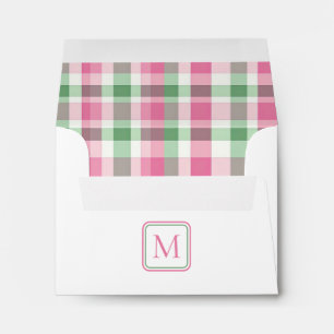 Preppy Pink and Green Plaid Monogram Envelope