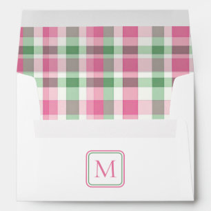Preppy Pink and Green Plaid Monogram Envelope