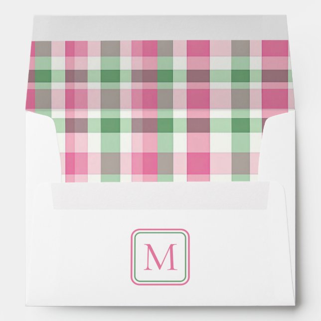Preppy Pink and Green Plaid Monogram Envelope (Back (Bottom))