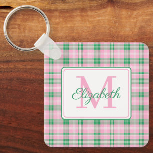 Preppy Pink and Green Plaid Monogram Key Ring
