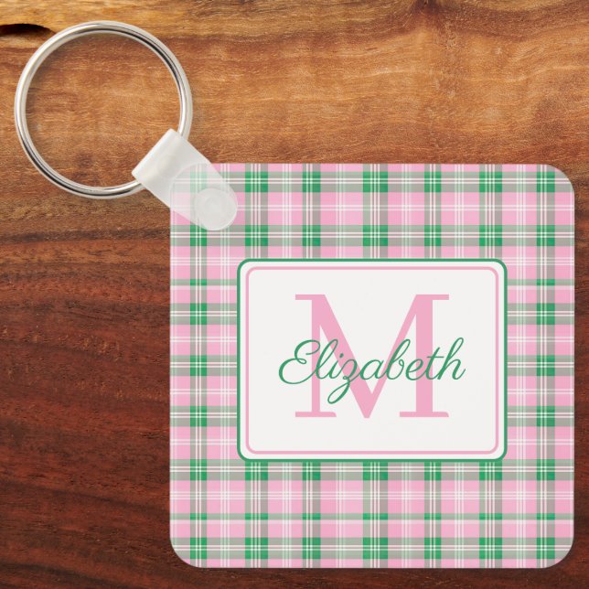 Preppy Pink and Green Plaid Monogram Key Ring (Front)