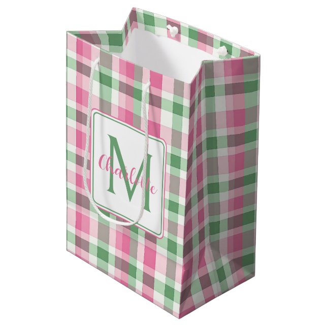 Preppy Pink and Green Plaid Monogram Medium Gift Bag (Front Angled)