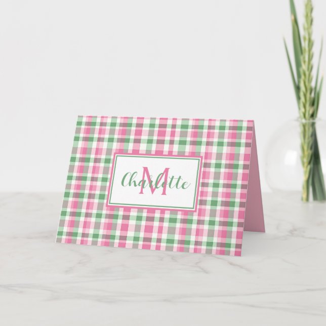 Preppy Pink and Green Plaid Monogram Note Card (Front)