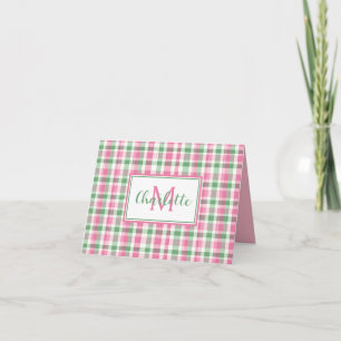 Preppy Pink and Green Plaid Monogram Note Card