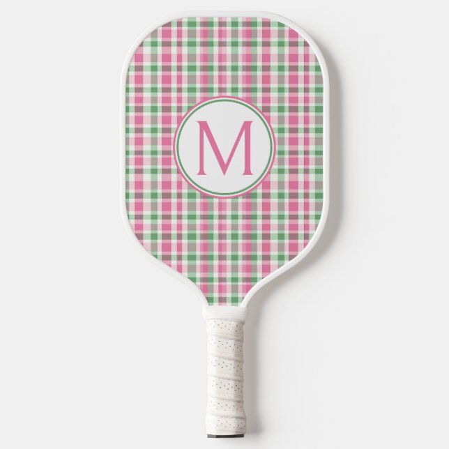 Preppy Pink and Green Plaid Monogram Pickleball Paddle (Front)