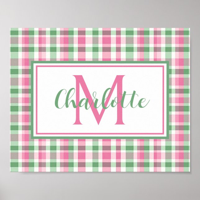 Preppy Pink and Green Plaid Monogram Poster (Front)