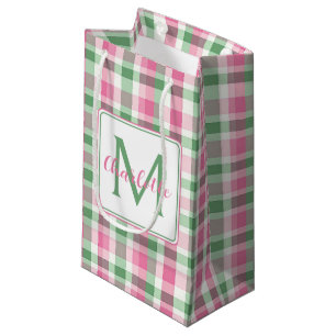 Preppy Pink and Green Plaid Monogram Small Gift Bag