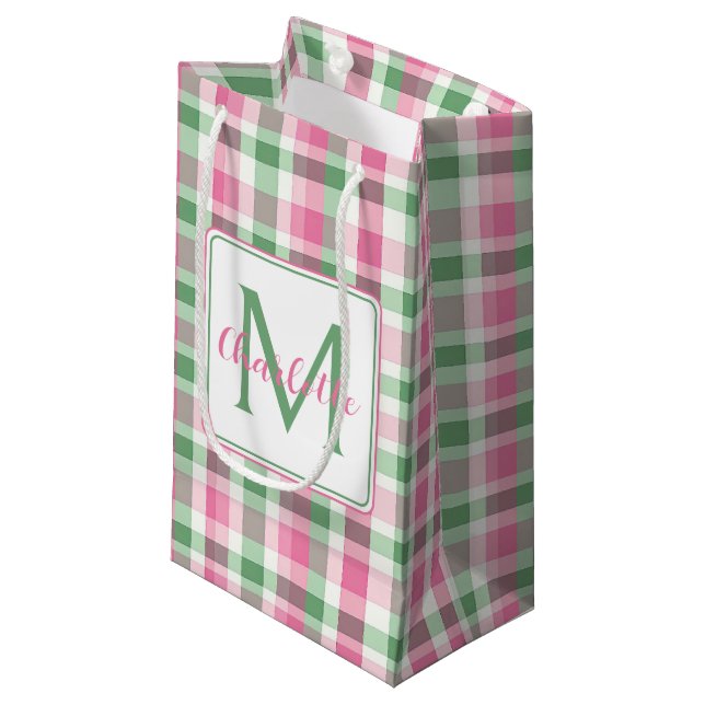 Preppy Pink and Green Plaid Monogram Small Gift Bag (Front Angled)