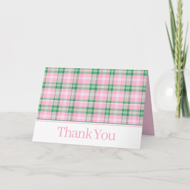 Preppy Pink and Green Plaid Monogram Thank You Card (Front)