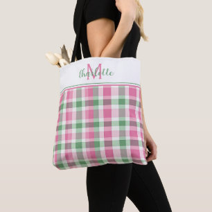Preppy Pink and Green Plaid Monogram Tote Bag