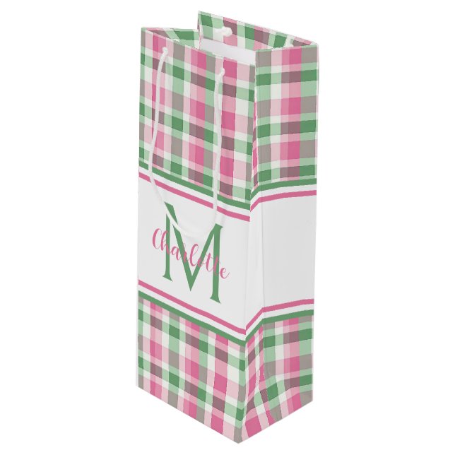 Preppy Pink and Green Plaid Monogram Wine Gift Bag (Front Angled)