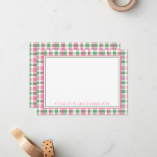 Preppy Pink and Green Plaid Personalised Card