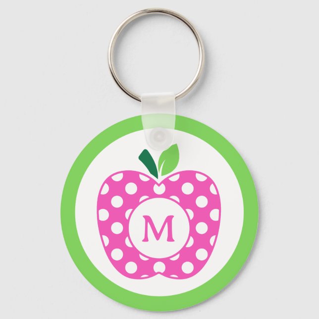 Preppy Pink and Green Polka Dot Apple Monogram Key Ring (Front)
