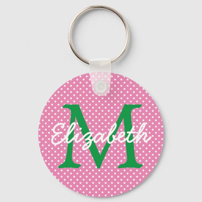 Preppy Pink and Green Polka Dot Monogram Key Ring (Front)