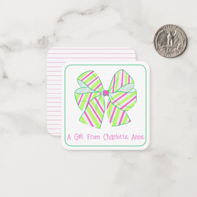 Preppy Pink and Green Stripe Bow Personalised Card (Front/Back In Situ)