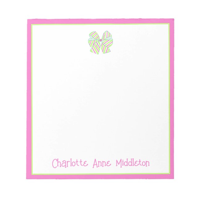 Preppy Pink and Green Stripe Bow Personalised Notepad (Front)