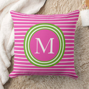 Preppy Pink and Green Stripe Monogram Cushion