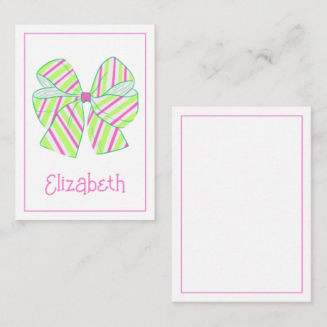 Preppy Pink and Green Striped Bow Personalised Card (Front/Back)