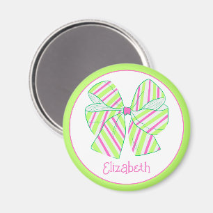 Preppy Pink and Green Striped Bow Personalised Magnet