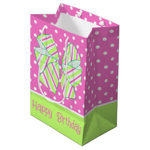 Preppy Pink and Green Striped Bow Polka Dot Medium Gift Bag
