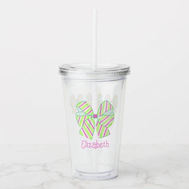 Preppy Pink and Green Striped Bows Personalised Acrylic Tumbler (Front)