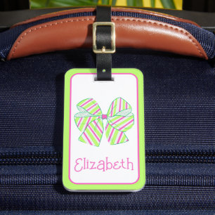 Preppy Pink and Green Striped Bows Personalised Luggage Tag