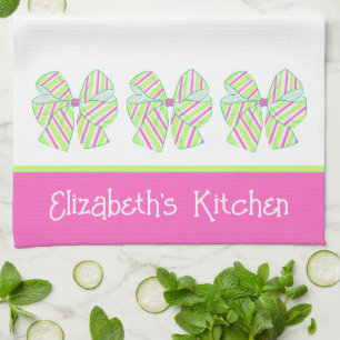 Preppy Pink and Green Striped Bows Personalised Tea Towel