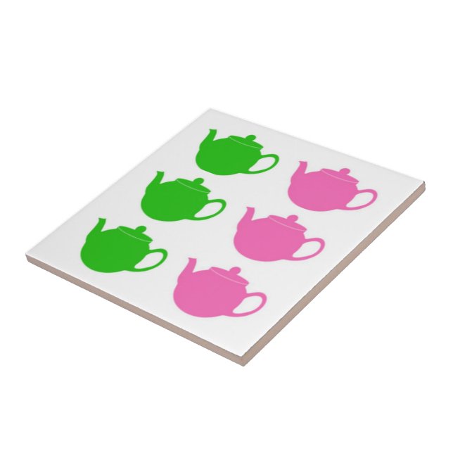 Preppy Pink and Green Teapots Tile (Side)