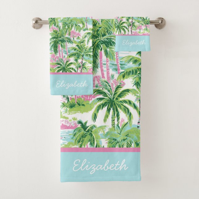 Preppy Pink and Green Tropical Palm Tree Bath Towel Set (Insitu)