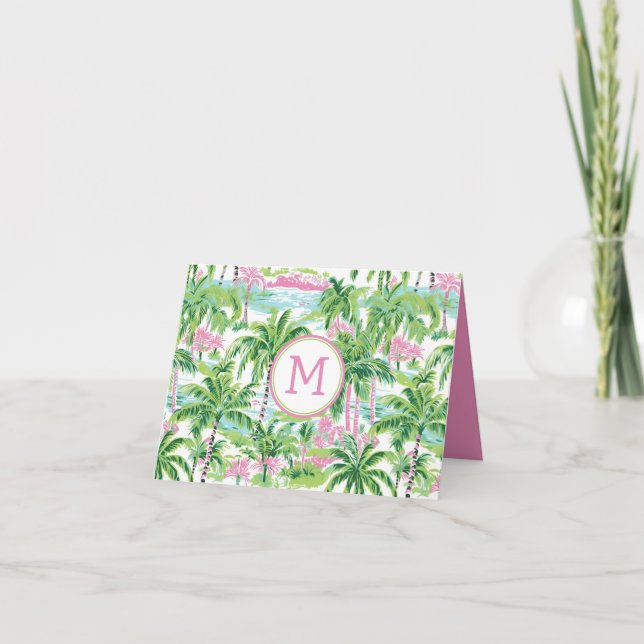 Preppy Pink and Green Tropical Palm Tree Note Card (Front)